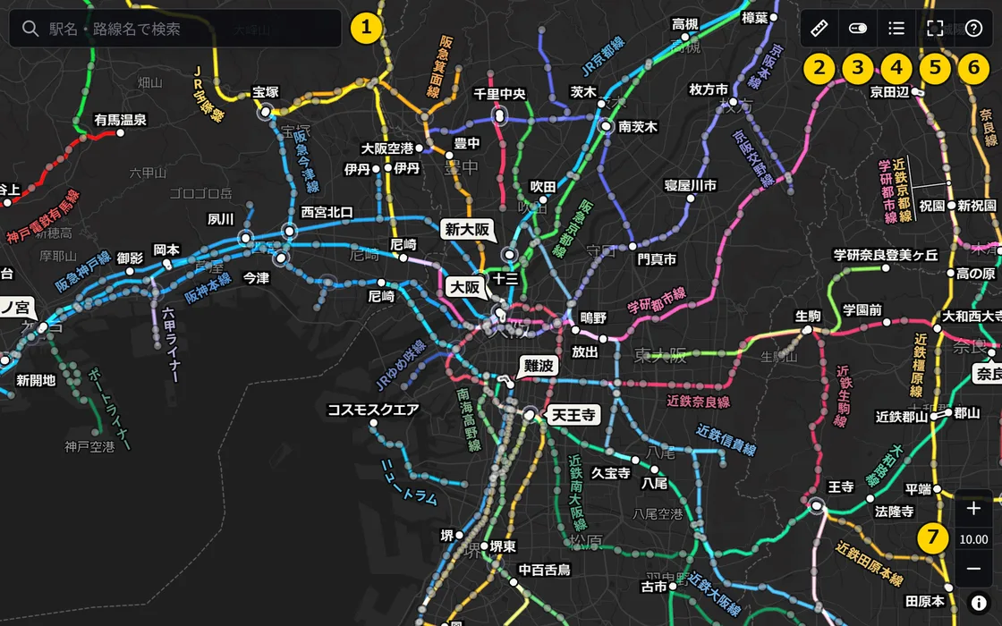 画面のボタン(番号付き)